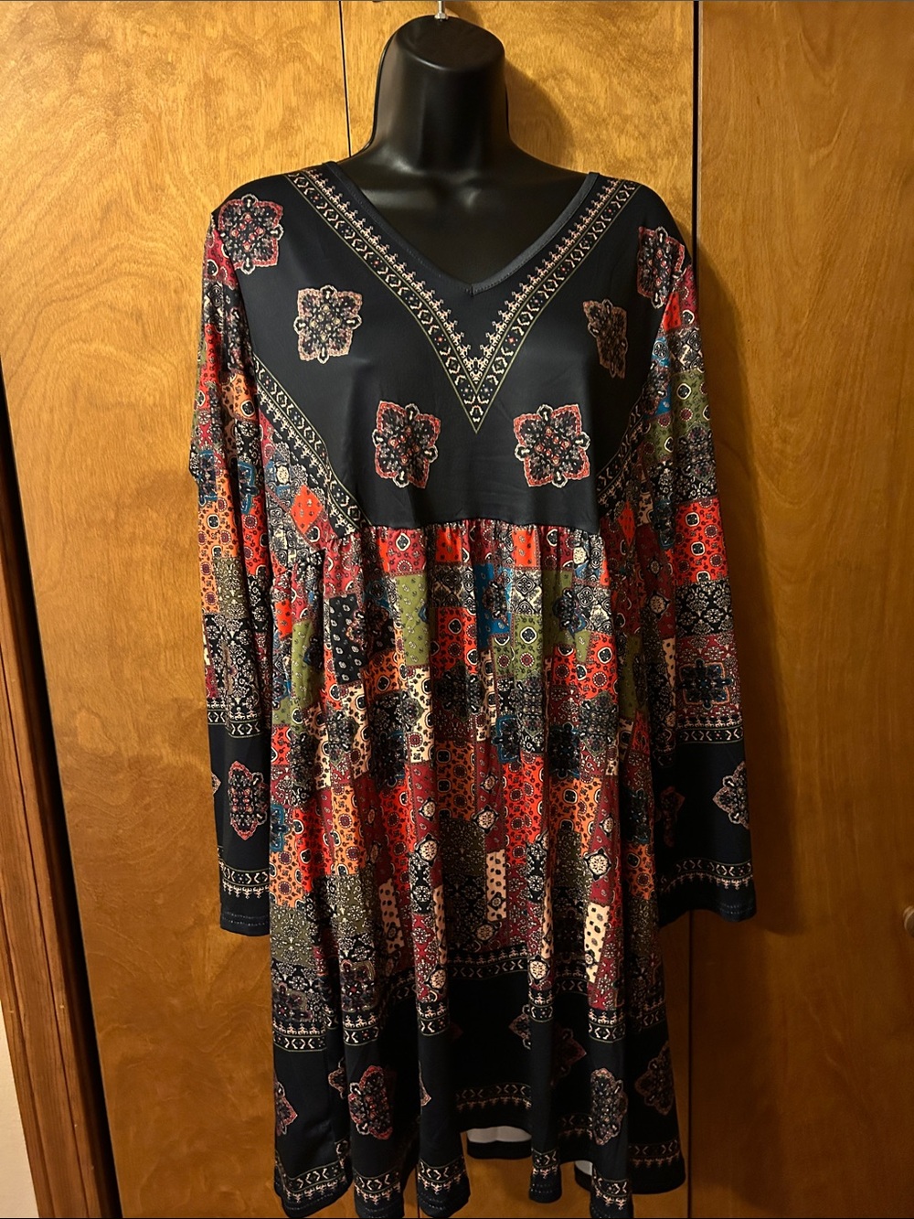 Patchwork-Print Long Sleeve Midi Dress in Red, Blue, Green, Cream